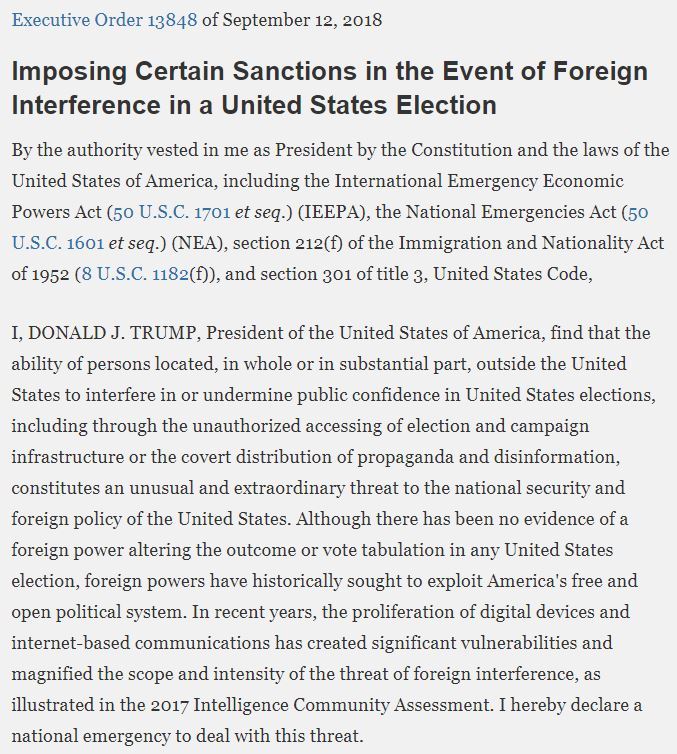 https://www.federalregister.gov/documents/2018/09/14/2018-20203/imposing-certain-sanctions-in-the-event-of-foreign-interference-in-a-united-states-election